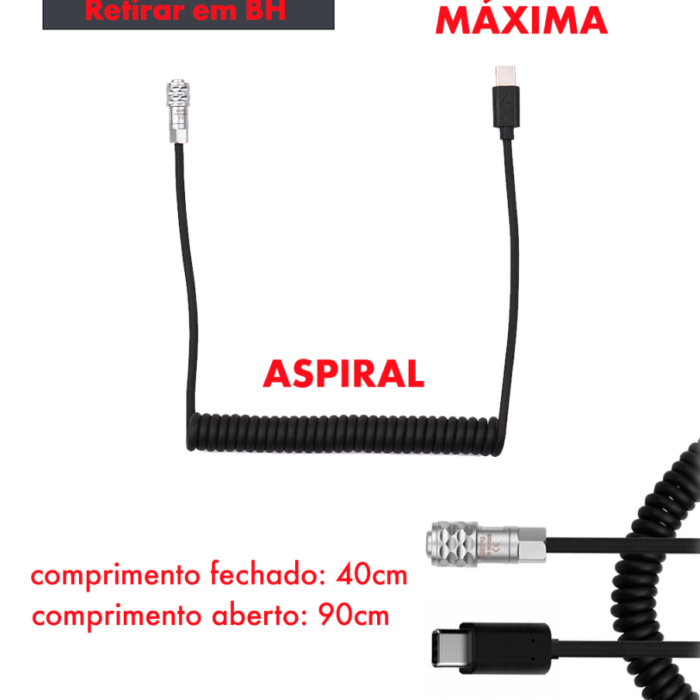 Cabo Espiral de Alimentação - BMPCC 4K 6K Pro - Weipu 2 Pinos - Weipu para USB-C Black Magic - Andoer - COD:LND