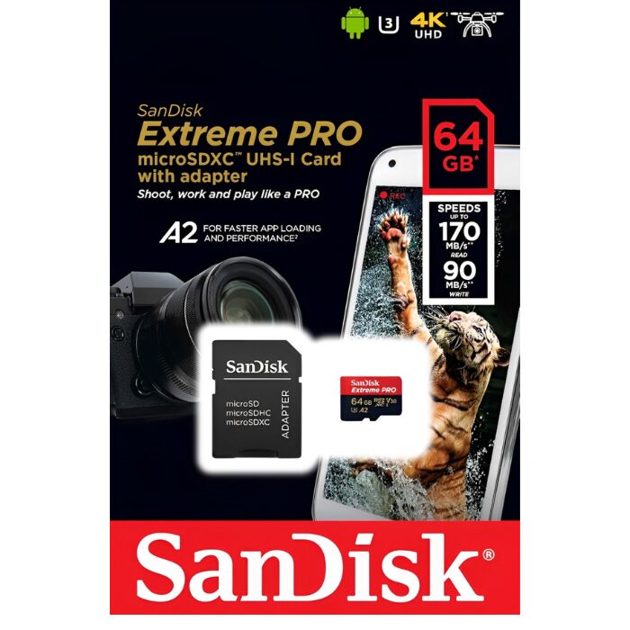 Cartão de Memória – SanDisk – 64GB – 170MB/S – Extreme Pro – UHS-I – microSDXC com Adaptador SD - COD:LNDSE