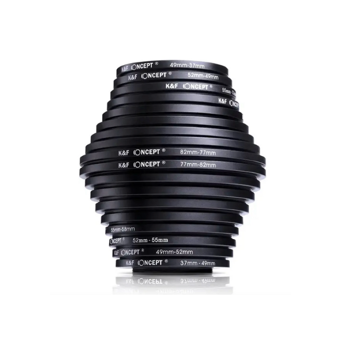 Conjunto K&F de Anéis Adaptadores - Step Down / Step Up - 82mm A 37mm – Kit 18 Anéis - COD:LND