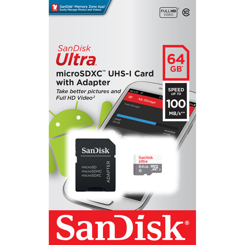 Cartão de Memória - SanDisk - Ultra - 64GB - 100 Mb/s - UHS-I - microSDXC - Com Adaptador SD  -  COD:LND
